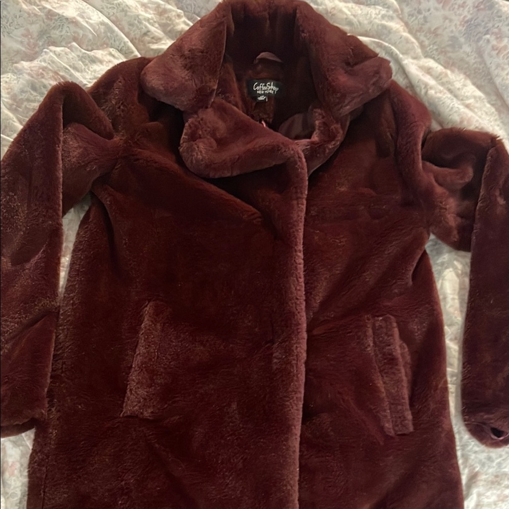Women's Faux Fur Coat - Burgundy  Sz XS